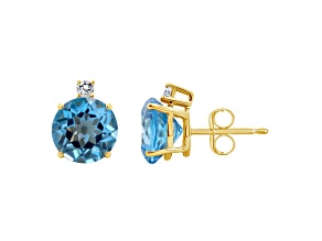 8mm Round Blue Topaz with Diamond Accents 14k Yellow Gold Stud Earrings