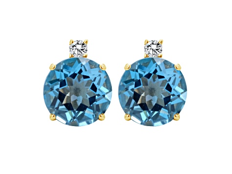 8mm Round Blue Topaz with Diamond Accents 14k Yellow Gold Stud Earrings