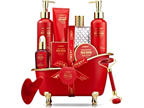 Lovery Red Rose Bath and Body Spa Basket- 11pc Self Care Set