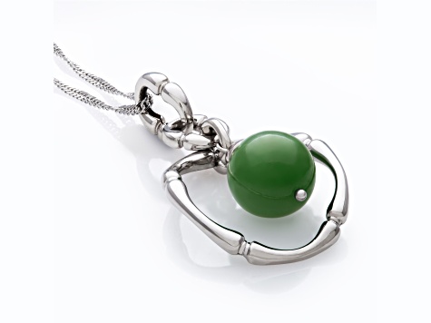 Sterling Silver 8MM Jadeite Bamboo Design Pendant with Singapore Chain