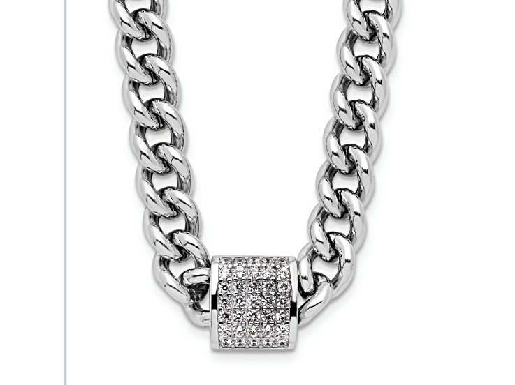 Rhodium Over Sterling Silver Cubic Zirconia Curb Link 17.5