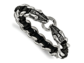 Stainless Steel Antiqued and Polished Dragon Head Black Leather Bracelet