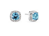 Swiss Blue Topaz with Moissanite  Rhodium Over Sterling Silver Halo Stud Silver Earrings