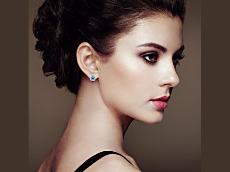 Swiss Blue Topaz with Moissanite  Rhodium Over Sterling Silver Halo Stud Silver Earrings