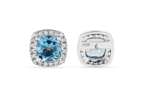 Swiss Blue Topaz with Moissanite  Rhodium Over Sterling Silver Halo Stud Silver Earrings