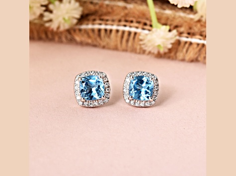 Swiss Blue Topaz with Moissanite  Rhodium Over Sterling Silver Halo Stud Silver Earrings