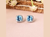 Swiss Blue Topaz with Moissanite  Rhodium Over Sterling Silver Halo Stud Silver Earrings