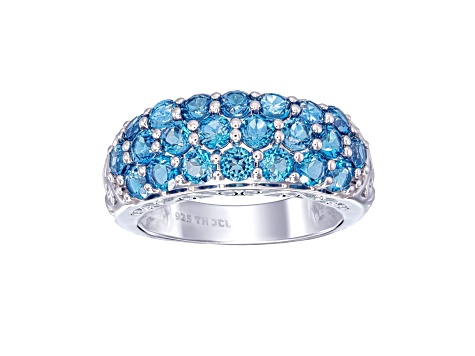 Round Cut London Blue Topaz Sterling Silver Multi-Row Pave Dome Ring 3.63Cttw