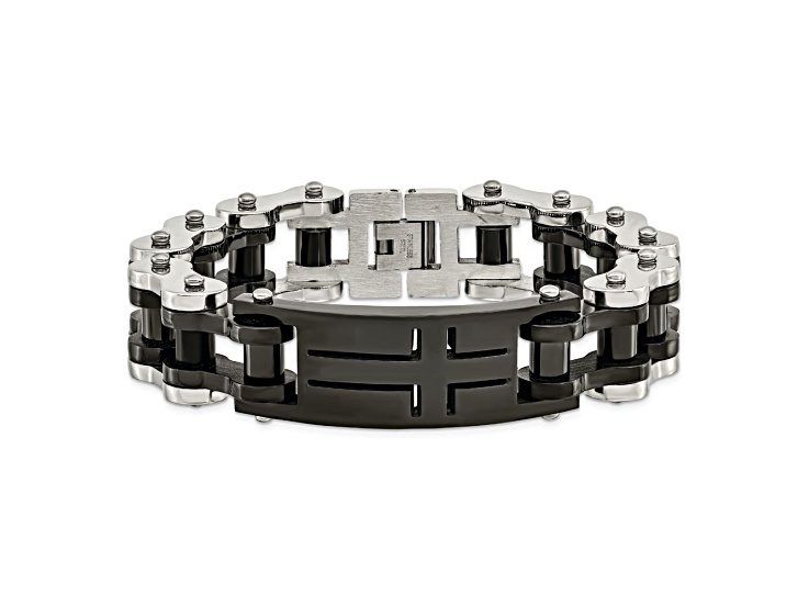 Stainless Steel Polished Black IP-plated Cross ID Bracelet