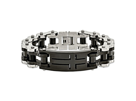 Stainless Steel Polished Black IP-plated Cross ID Bracelet