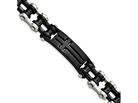 Stainless Steel Polished Black IP-plated Cross ID Bracelet