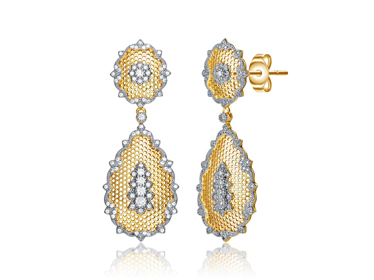Clear Cubic Zirconia, Two-Tone, Rhodium and 14K Yellow Gold over Brass Pear-Shaped Drop Earrings