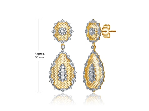 Clear Cubic Zirconia, Two-Tone, Rhodium and 14K Yellow Gold over Brass Pear-Shaped Drop Earrings