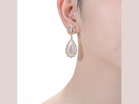 Clear Cubic Zirconia, Two-Tone, Rhodium and 14K Yellow Gold over Brass Pear-Shaped Drop Earrings