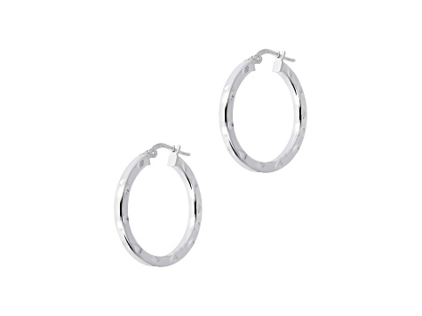 Rhodium Over 925 Sterling Silver Diamond Cut 1" Round Hoop Earrings