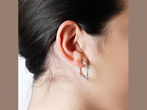 Rhodium Over 925 Sterling Silver Diamond Cut 1" Round Hoop Earrings