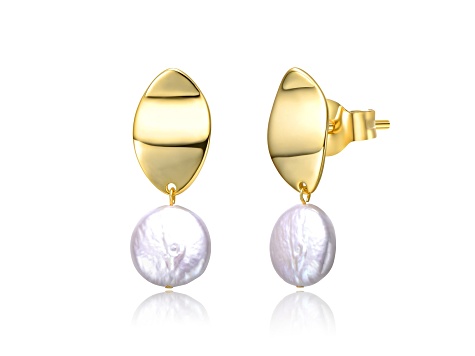 White Coin Freshwater Pearl, 14K Yellow Gold Plated over Sterling Silver Dangle Earrings