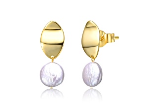 White Coin Freshwater Pearl, 14K Yellow Gold Plated over Sterling Silver Dangle Earrings