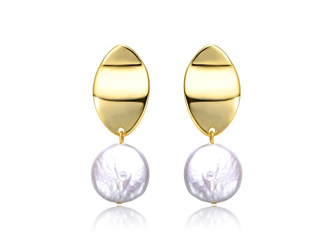 White Coin Freshwater Pearl, 14K Yellow Gold Plated over Sterling Silver Dangle Earrings
