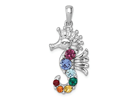Rhodium Over Sterling Silver Multi-Color Crystal Seahorse Pendant