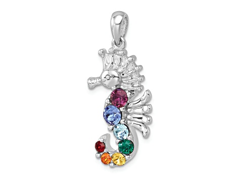 Rhodium Over Sterling Silver Multi-Color Crystal Seahorse Pendant