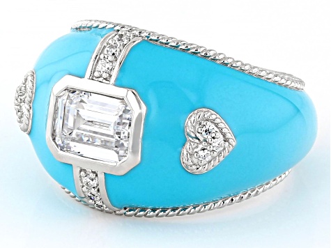 Judith Ripka 2.00ctw Bella Luce® and Blue Enamel Rhodium Over Sterling Silver Statement Band Ring