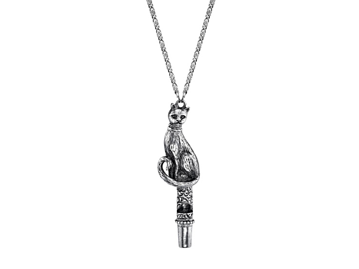 1928 Jewelry Antiqued Pewter Cat Whistle Pendant Necklace