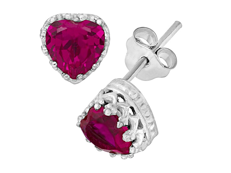 Lab Created Ruby Sterling Silver Heart Earrings 2.00ctw