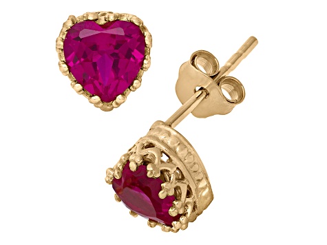 Lab Created Ruby 14K Yellow Gold Over Sterling Silver Heart Earrings 2.00ctw