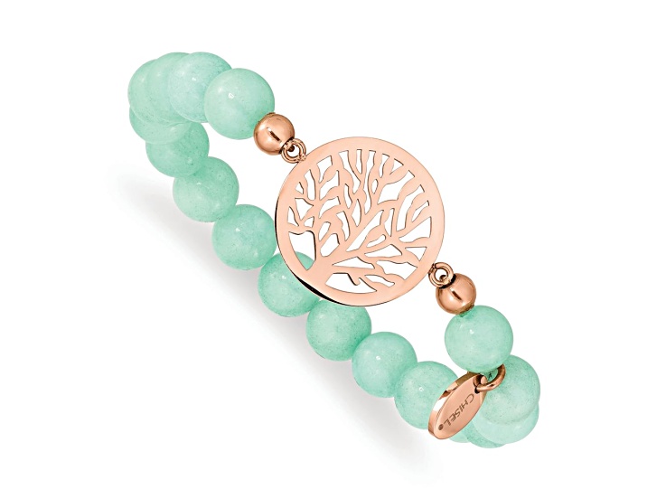 Rose Stainless Steel Polished Tree Green Dyed Jade Stretch Bracelet