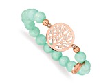 Rose Stainless Steel Polished Tree Green Dyed Jade Stretch Bracelet