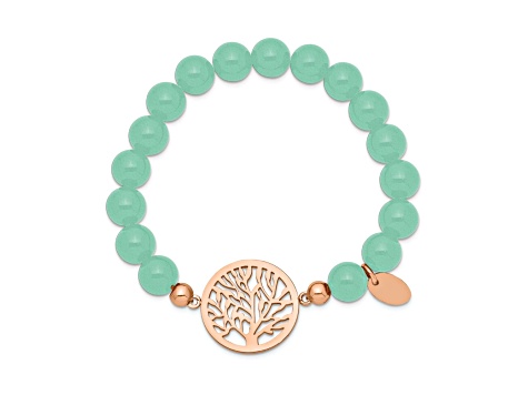Rose Stainless Steel Polished Tree Green Dyed Jade Stretch Bracelet