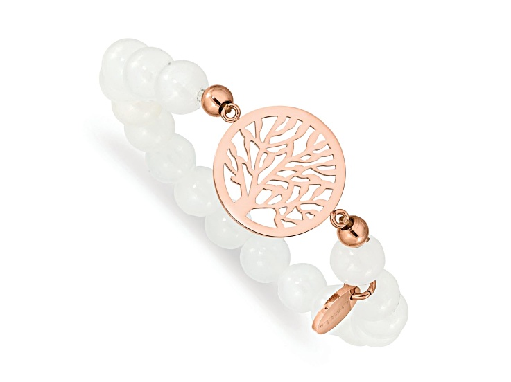 Rose Stainless Steel Polished plated Tree White Jade Stretch Bracelet