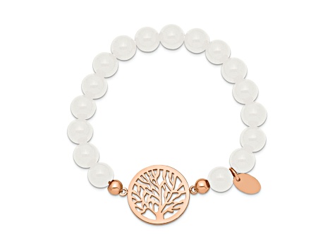 Rose Stainless Steel Polished plated Tree White Jade Stretch Bracelet