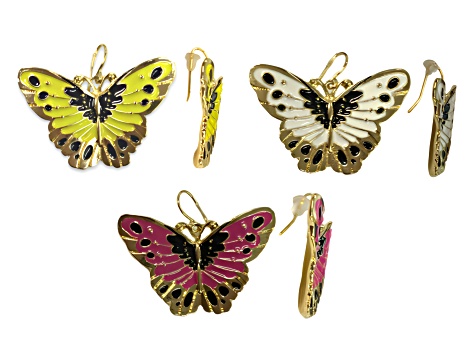 3 Pack Gold Tone White, Yellow and Pink Enamel Butterfly Earrings