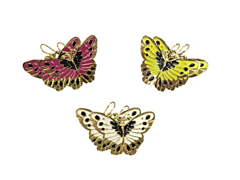 3 Pack Gold Tone White, Yellow and Pink Enamel Butterfly Earrings