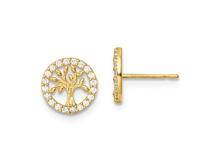 14K Yellow Gold 7.6mm Polished White Cubic Zirconia Stone Tree of Life Stud Earrings