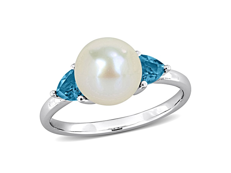 London Blue Topaz & Cultured Freshwater Pearl 10k White Gold Ring 0.6ctw