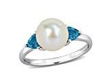 London Blue Topaz & Cultured Freshwater Pearl 10k White Gold Ring 0.6ctw
