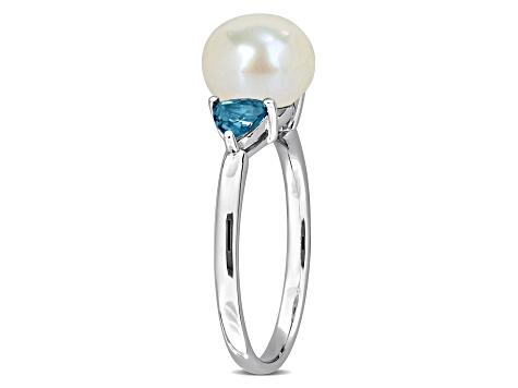 London Blue Topaz & Cultured Freshwater Pearl 10k White Gold Ring 0.6ctw