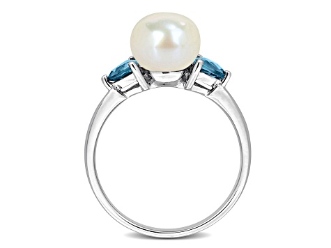 London Blue Topaz & Cultured Freshwater Pearl 10k White Gold Ring 0.6ctw