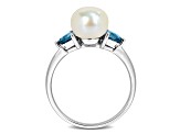 London Blue Topaz & Cultured Freshwater Pearl 10k White Gold Ring 0.6ctw