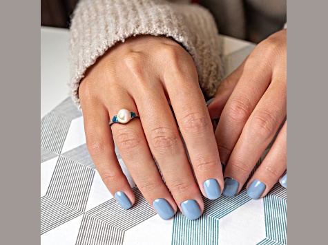 London Blue Topaz & Cultured Freshwater Pearl 10k White Gold Ring 0.6ctw