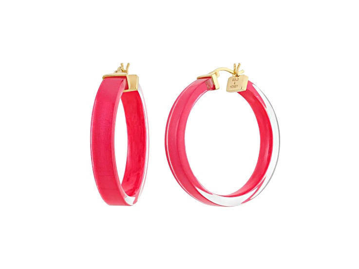 14K Yellow Gold Over Sterling Silver Acrylic and Hand Painted Enamel Flat Illusion Hoops in Pink