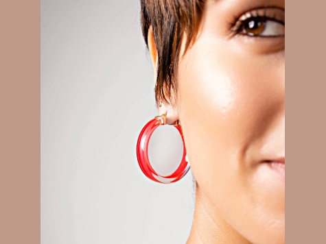 14K Yellow Gold Over Sterling Silver Acrylic and Hand Painted Enamel Flat Illusion Hoops in Pink