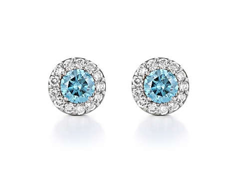 Blue And White Lab-Grown Diamond 14kt White Gold Halo Stud Earrings 1.00ctw