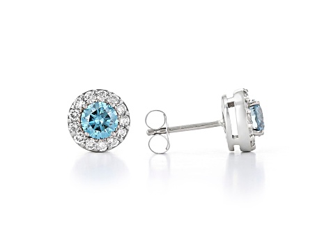 Blue And White Lab-Grown Diamond 14kt White Gold Halo Stud Earrings 1.00ctw