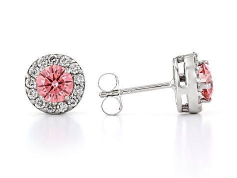 Pink And White Lab-Grown Diamond 14kt White Gold Halo Stud Earrings 1.00ctw