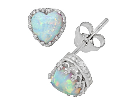 Lab Created Opal Sterling Silver Heart Earrings 1.00ctw