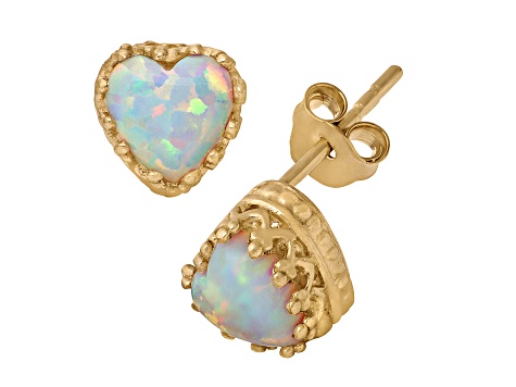 White Lab Created Opal 14K Yellow Gold Over Sterling Silver Heart Earrings 1.00ctw
